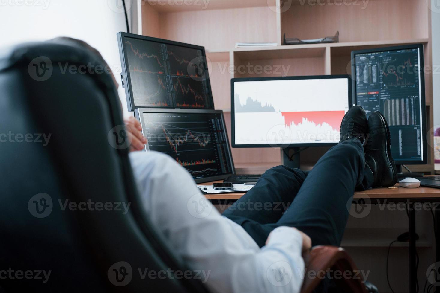 Resting time. Man working online in the office with multiple computer screens in index charts photo