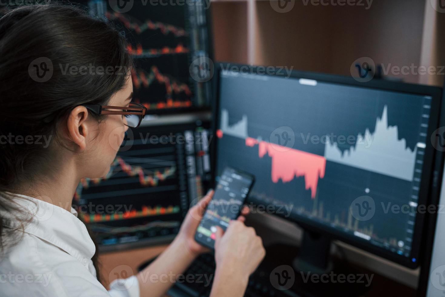 Full of job. Woman working online in the office with multiple computer screens in index charts photo