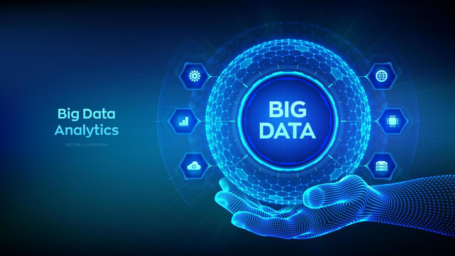 análisis de grandes datos. concepto de tecnología de innovación de big data. análisis de red de cadena de bloques. inteligencia artificial. esfera de rejilla hexagonal en mano de estructura metálica sobre fondo azul. ilustración vectorial vector