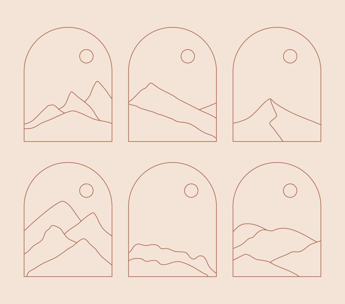 Set of Boho Landscape Logos in Trendy Minimal Liner Style vector