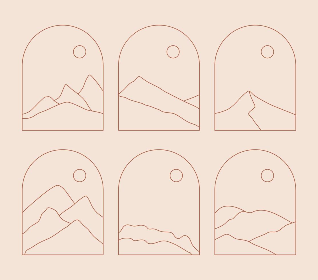 Set of Boho Landscape Logos in Trendy Minimal Liner Style vector