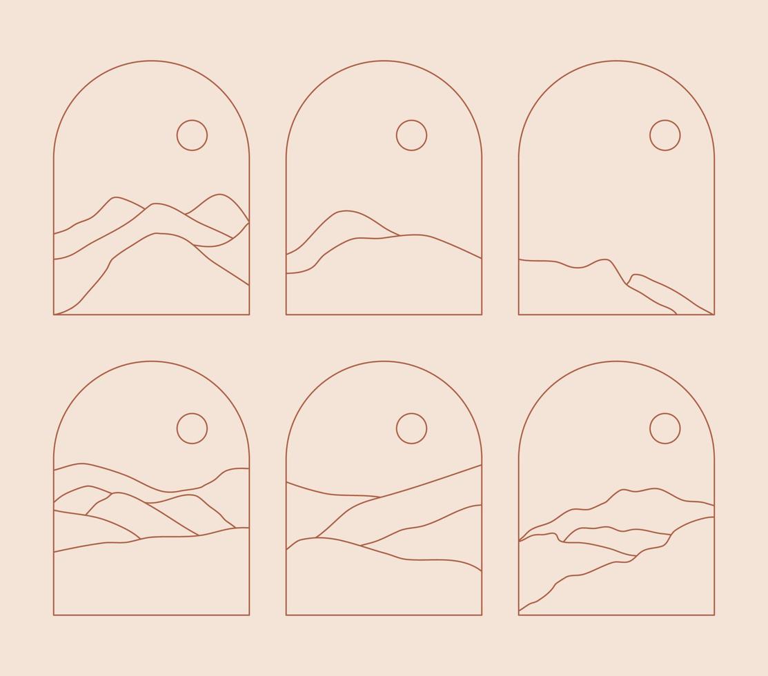 Set of Boho Landscape Logos in Trendy Minimal Liner Style vector