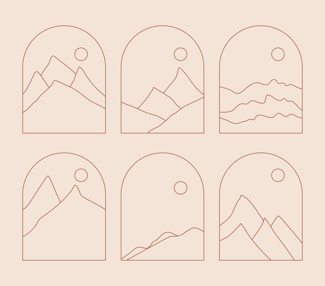 Set of Boho Landscape Logos in Trendy Minimal Liner Style vector
