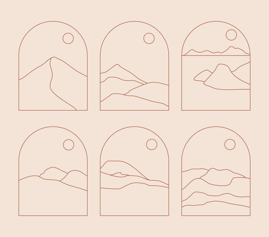 Set of Boho Landscape Logos in Trendy Minimal Liner Style vector