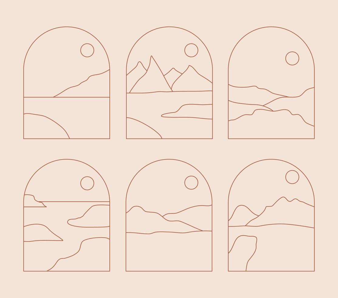 Set of Boho Landscape Logos in Trendy Minimal Liner Style vector