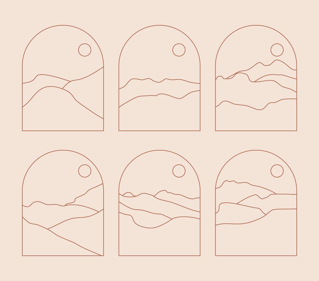 Set of Boho Landscape Logos in Trendy Minimal Liner Style vector
