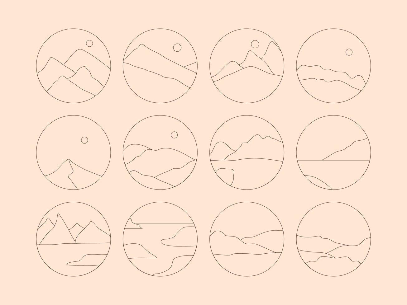 Set of Boho Landscape Logos in Trendy Minimal Liner Style vector