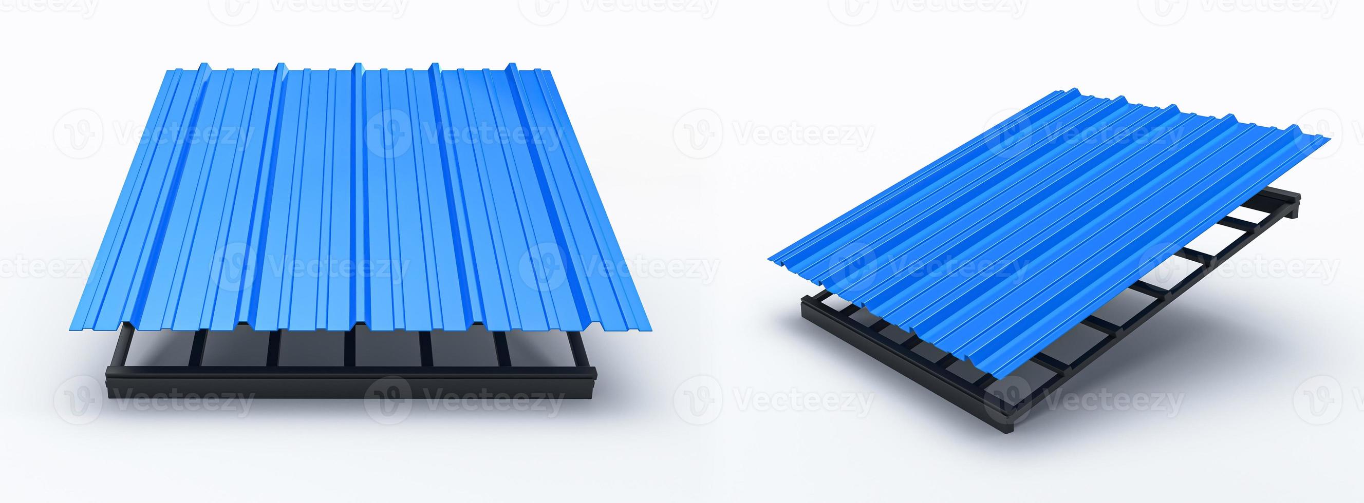 pvc roofing metal plastic on the white background, blue roof tile isolated on the white background, Tile with structure 3d rendering 3d illustration photo