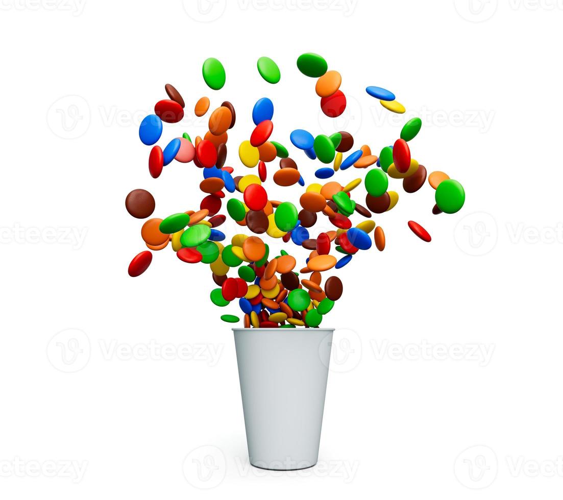 Rainbow Coated Beans spilling out of a cup Container isolated on white multicolored candies spilled 3d illustration photo
