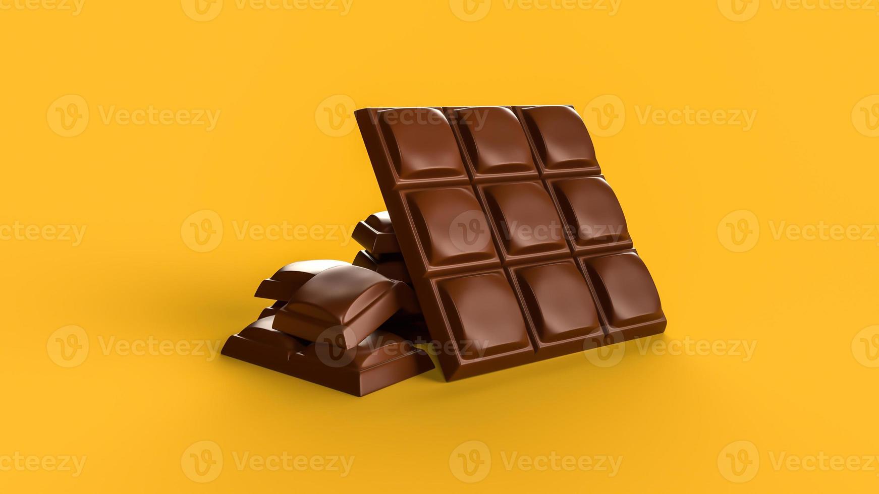 close up Milk chocolate Bar isolated on mustard background Bunch of chocolate pieces 3d illustration photo