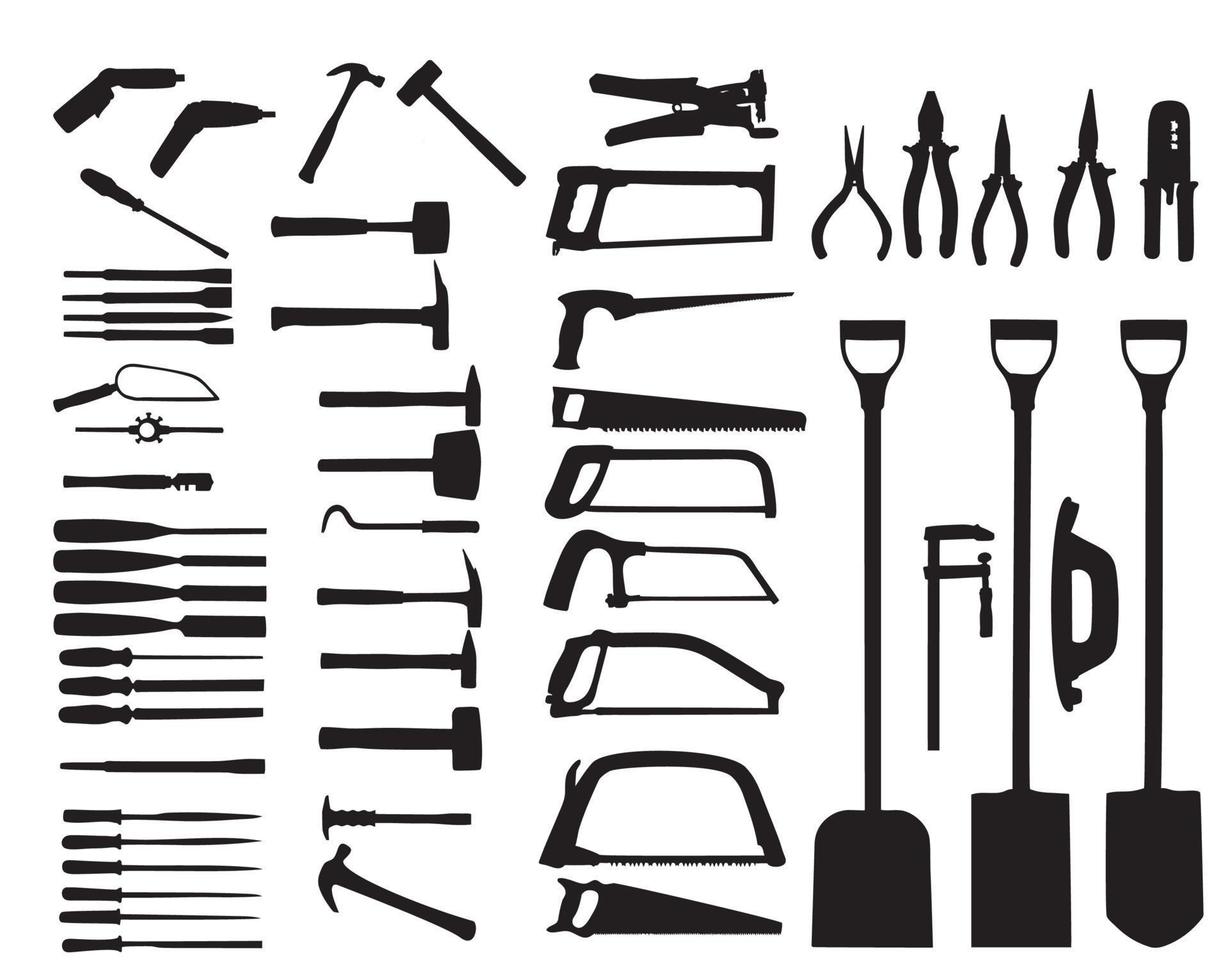 conjunto de herramientas eléctricas, pala, taladro, martillo. icono de vectores