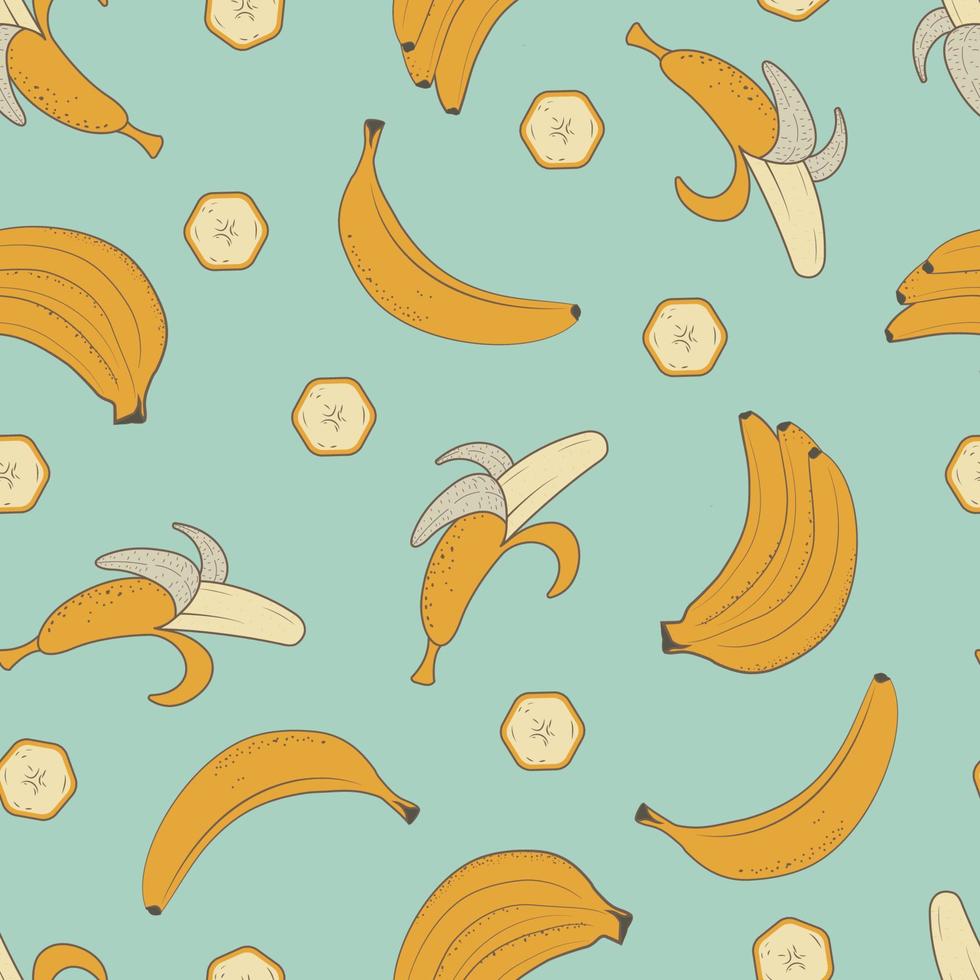 Seamless vector pattern of yellow bananas on a blue background. Yellow fruit.