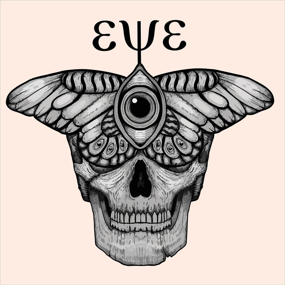 Hand drawn skull and butterfly with a big eye vector