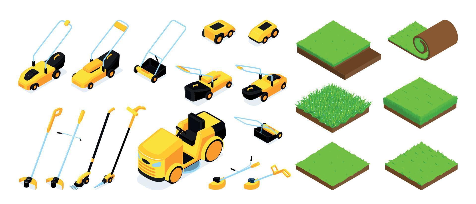 Isometric Grass Lawn Mower Set vector