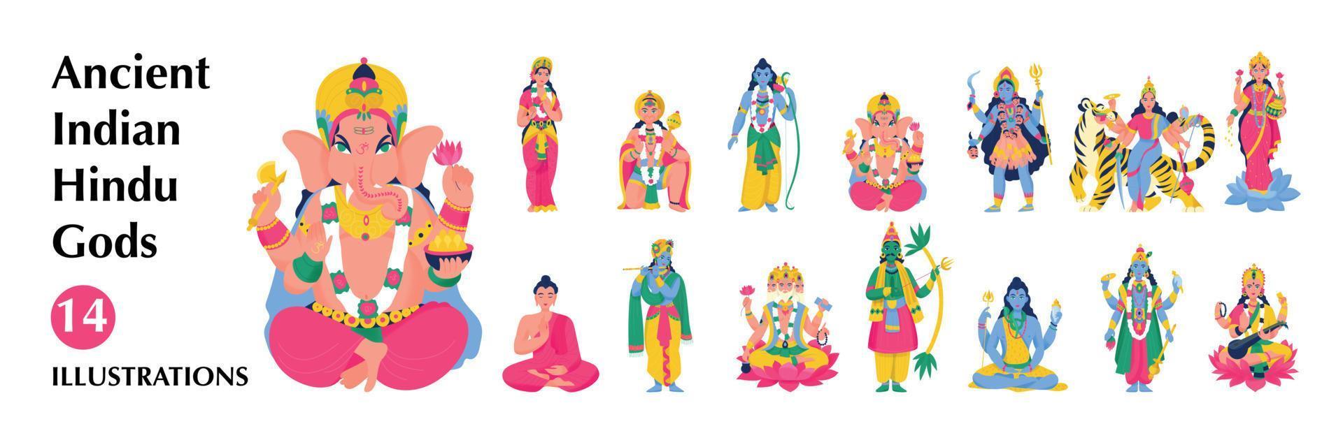conjunto de iconos grandes de dioses hindúes indios antiguos aislados vector