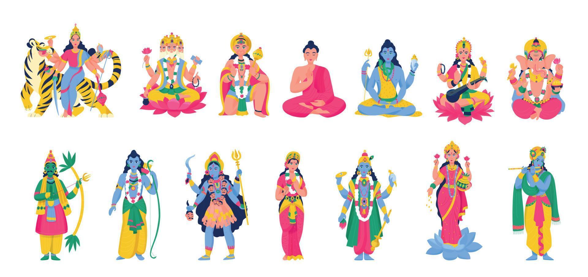 antiguo conjunto de iconos de dioses hindúes indios vector