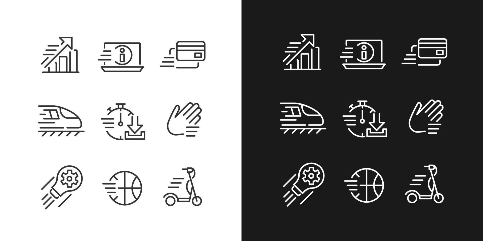 Moving objects pixel perfect linear icons set for dark, light mode. Raising and development. Electric scooter. Thin line symbols for night, day theme. Isolated illustrations. Editable stroke vector