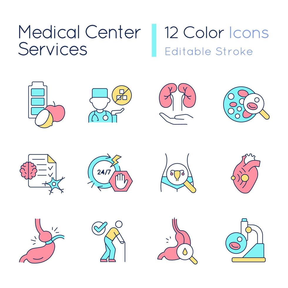 Medical center services RGB color icons set. Healthcare program providing. Isolated vector illustrations. Simple filled line drawings collection. Editable stroke.