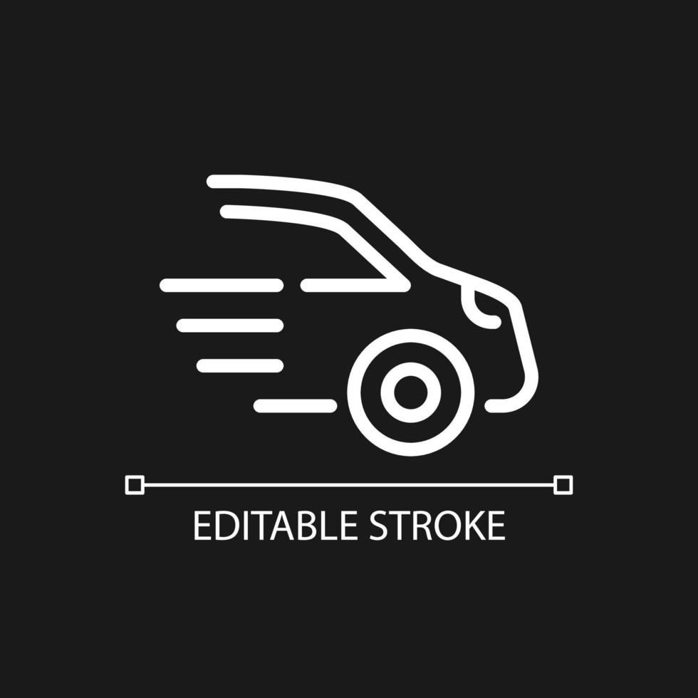 Car pixel perfect white linear icon for dark theme. Fuel and electric automobiles. Passengers transportation. Thin line illustration. Isolated symbol for night mode. vector