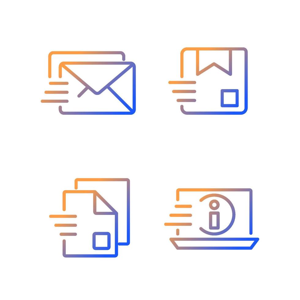 Information transmission gradient linear vector icons set. Letter and parcel delivery. Digital data. Thin line contour symbol designs bundle. Isolated outline illustrations collection