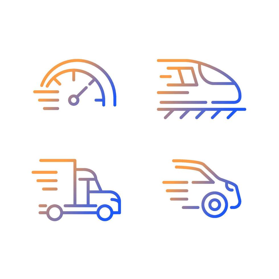 Fast transport gradient linear vector icons set. Motor vehicle. Train and automobile. Delivery and transit. Thin line contour symbol designs bundle. Isolated outline illustrations collection