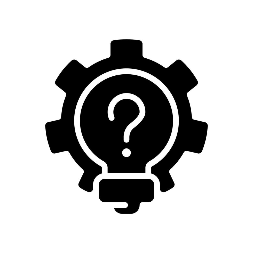 Creative question black glyph icon. Lightbulb and gear. Invention and innovation idea. Finding alternative solution. Silhouette symbol on white space. Solid pictogram. Vector isolated illustration