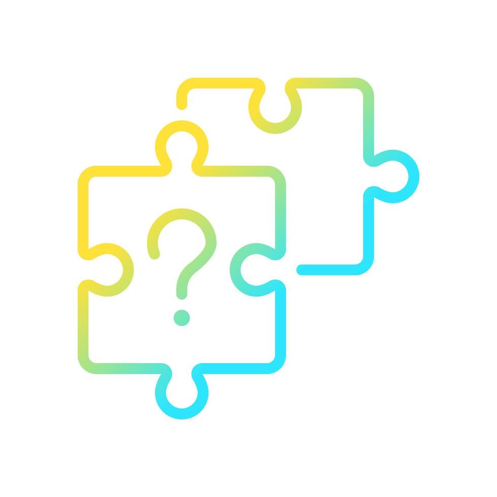 Unsolved puzzle gradient linear vector icon. Jigsaw pieces and question mark. Difficult task solving. Thin line color symbol. Modern style pictogram. Vector isolated outline drawing