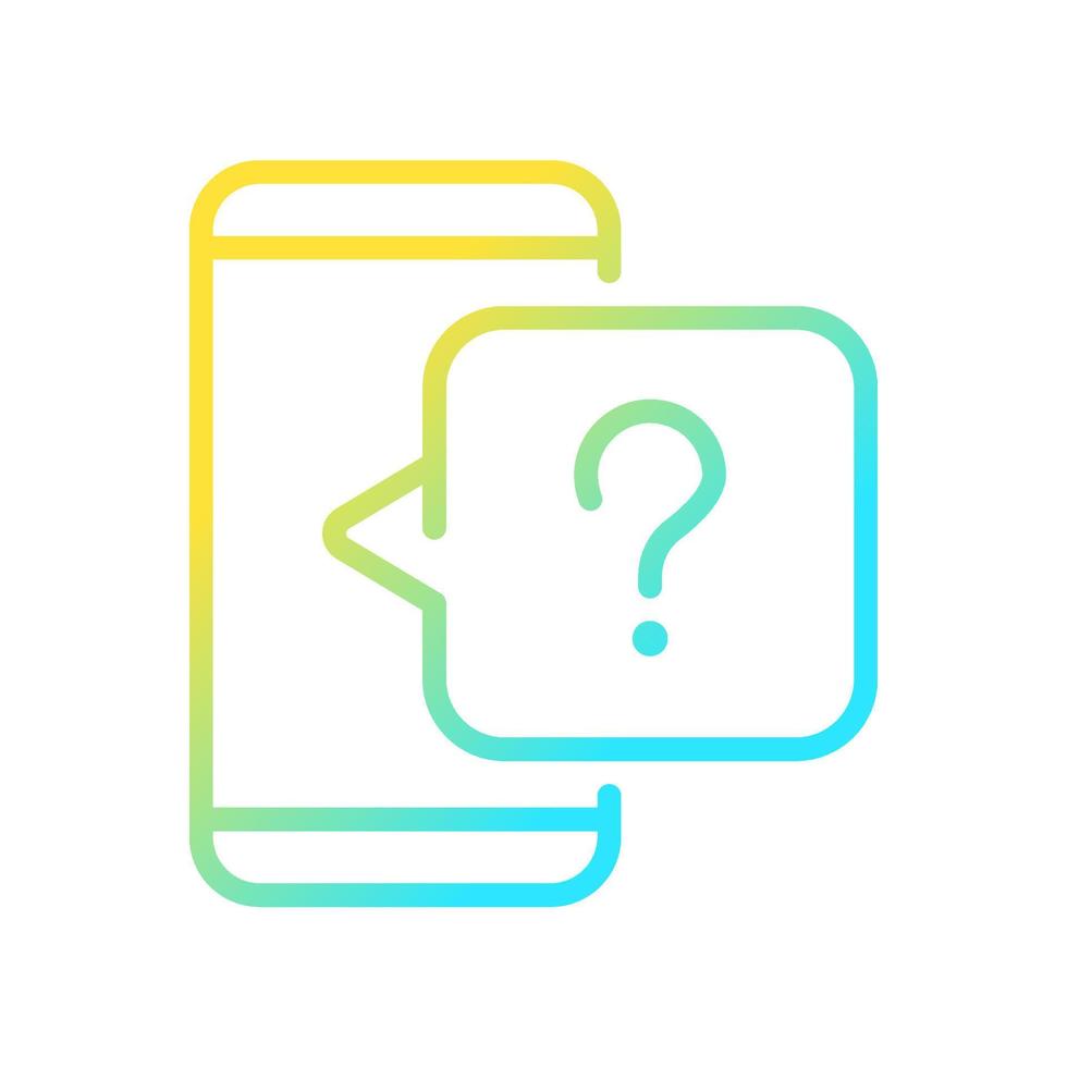 Phone question gradient linear vector icon. Technical support service. Asking question by online chat. Thin line color symbol. Modern style pictogram. Vector isolated outline drawing