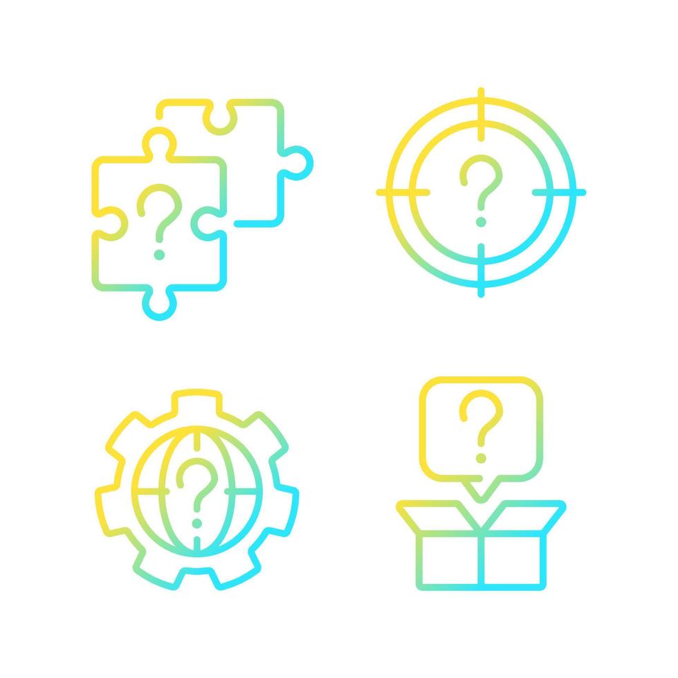 Searching of new problem solutions gradient linear vector icons set. Question marks usage. Alternative answers. Thin line contour symbol designs bundle. Isolated outline illustrations collection