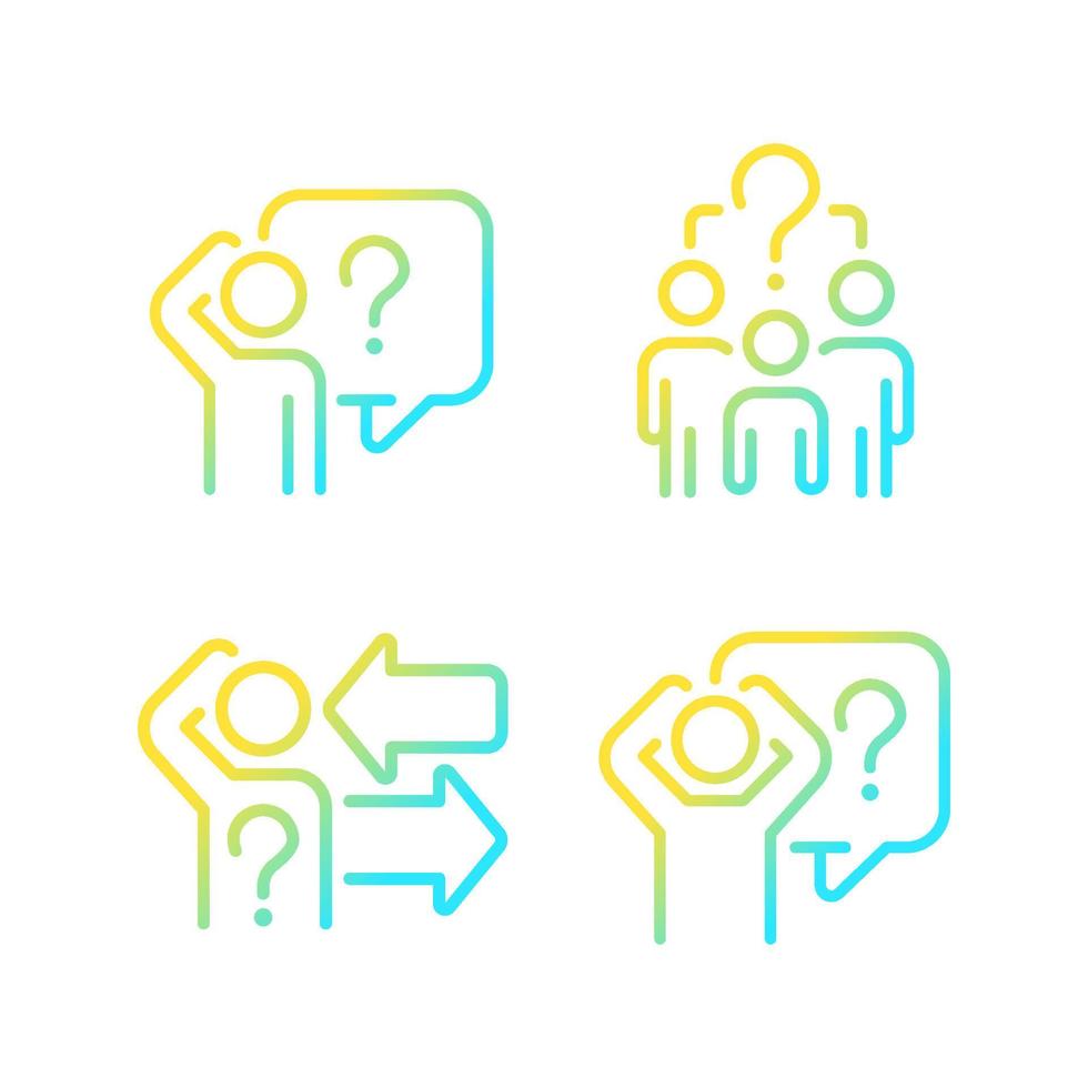 Asking and answering questions gradient linear vector icons set. Sharing information. Social communication. Thin line contour symbol designs bundle. Isolated outline illustrations collection