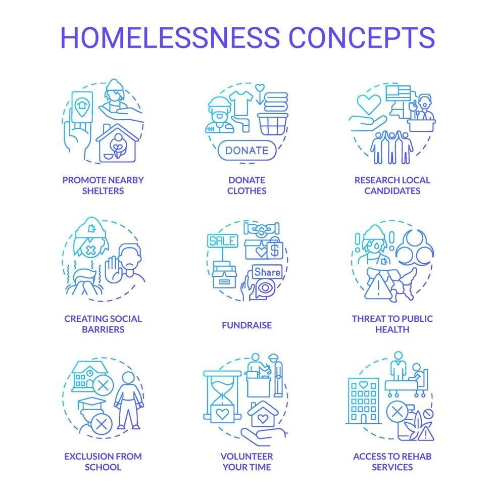 Homelessness blue gradient concept icons set. Access to rehab services idea thin line color illustrations. Threat to public health. Isolated symbols. vector