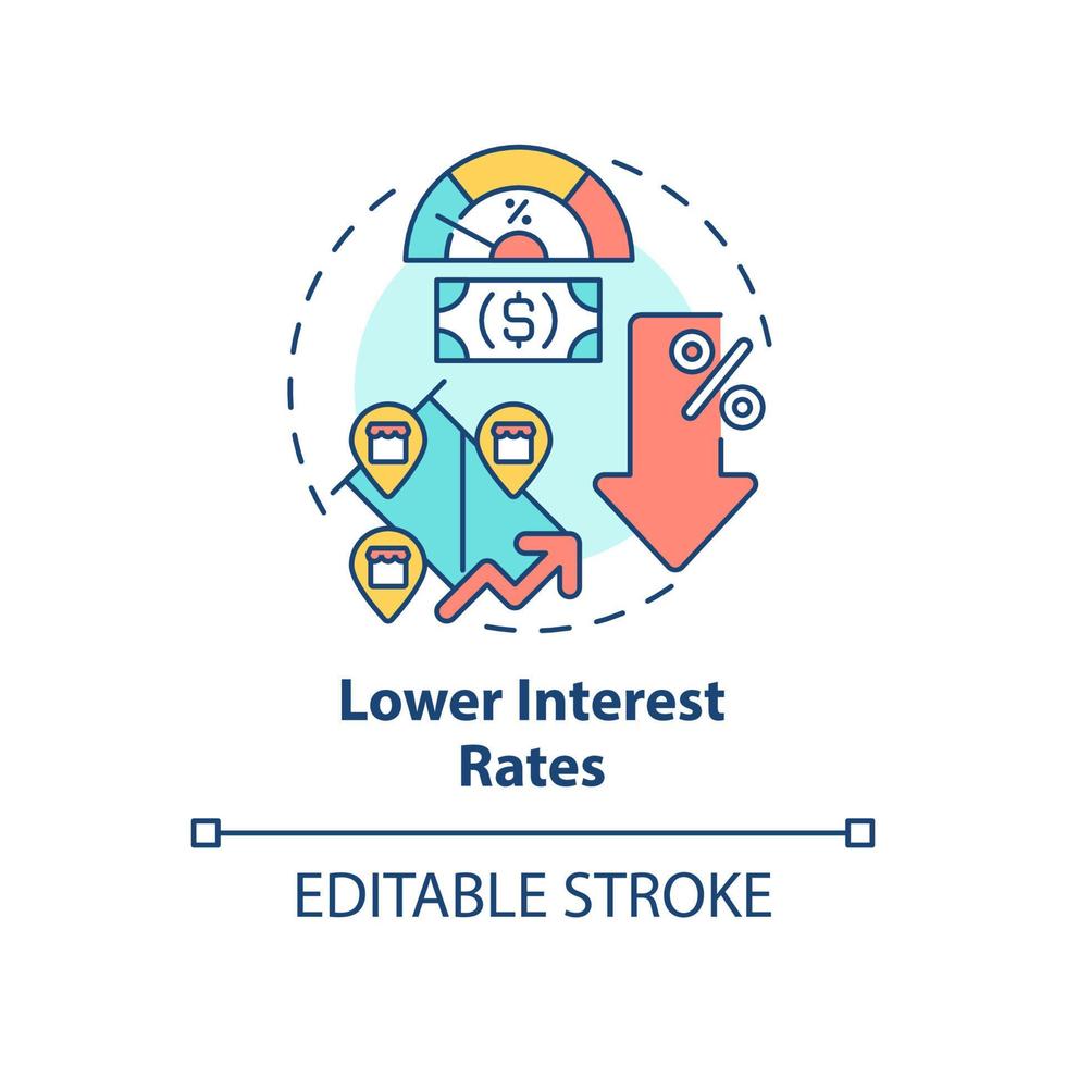 Lower interest rates concept icon. Loan program. Encouraging business activity abstract idea thin line illustration. Isolated outline drawing. Editable stroke. vector