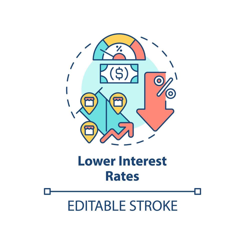icono de concepto de tasas de interés más bajas. programa de prestamos fomentar la actividad empresarial idea abstracta ilustración de línea delgada. dibujo de contorno aislado. trazo editable. vector