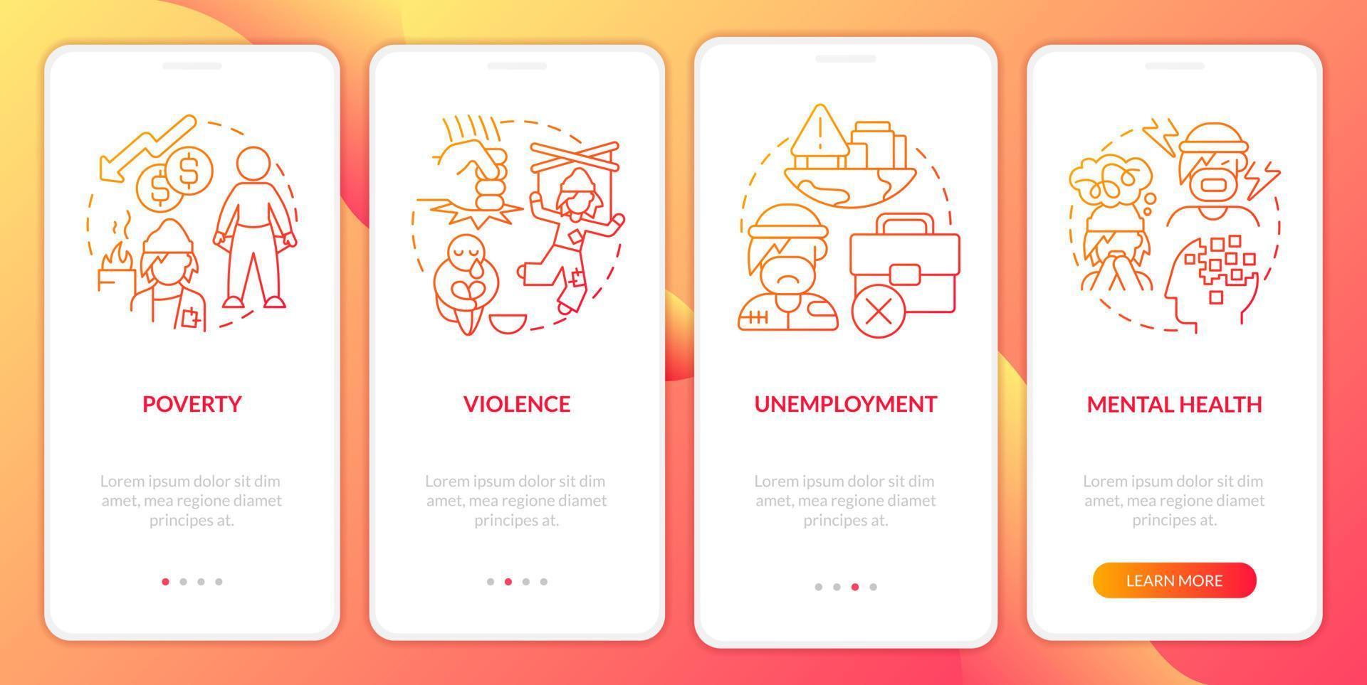 Homelessness causes red gradient onboarding mobile app screen. Walkthrough 4 steps graphic instructions pages with linear concepts. UI, UX, GUI template. vector