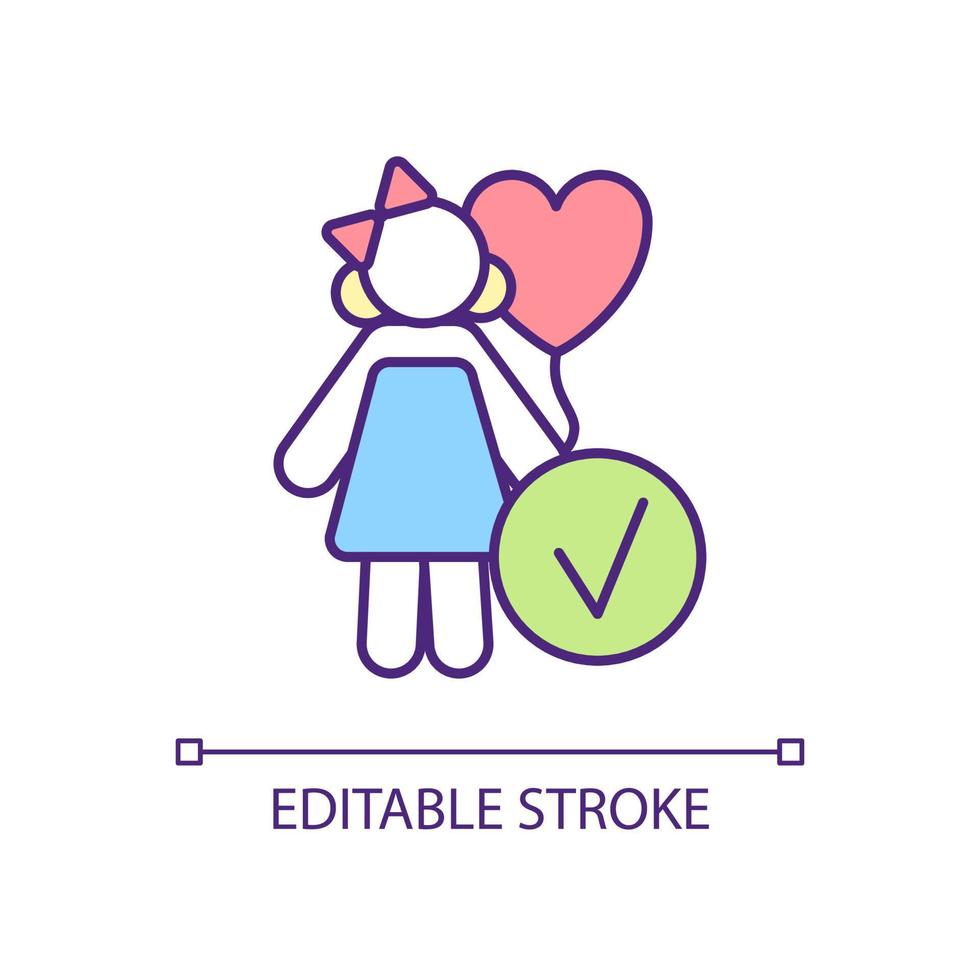 Happy and healthy female child RGB color icon. Childhood protection. Improving kid wellbeing and wellness. Isolated vector illustration. Simple filled line drawing.