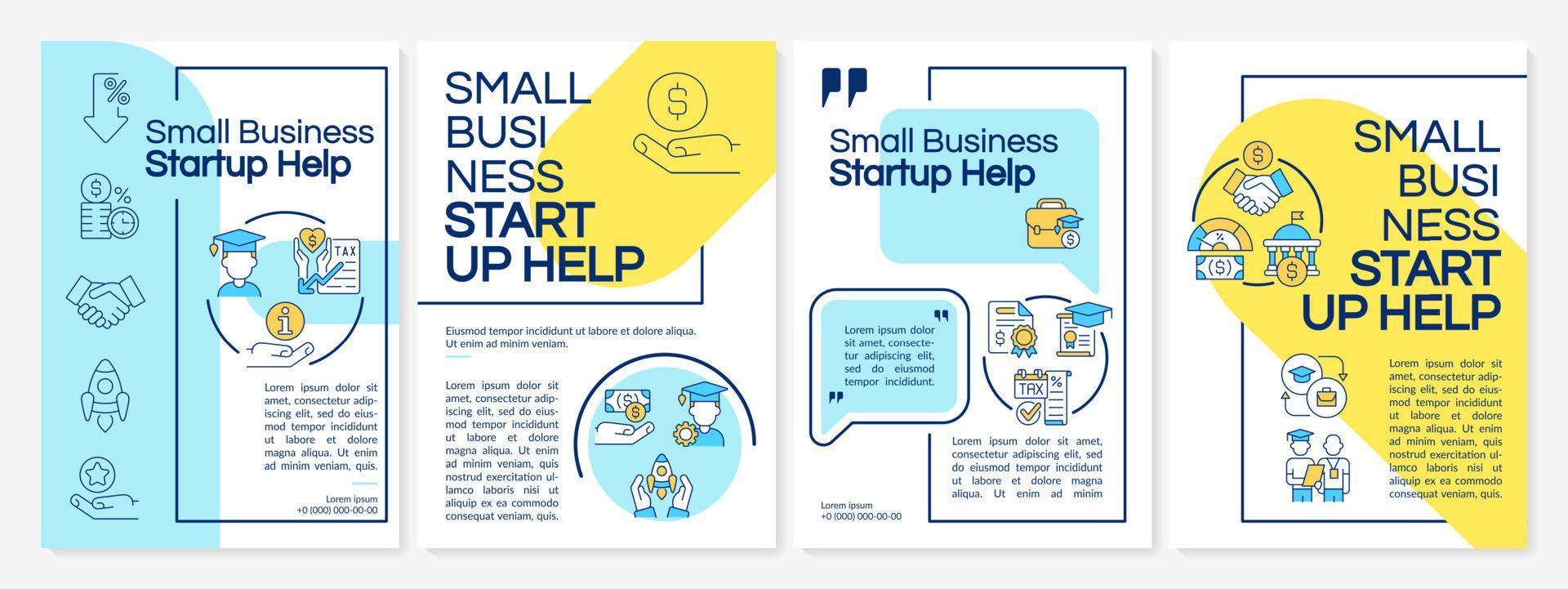 Small business startup help blue and yellow brochure template. Financial grant. Leaflet design with linear icons. 4 vector layouts for presentation, annual reports.