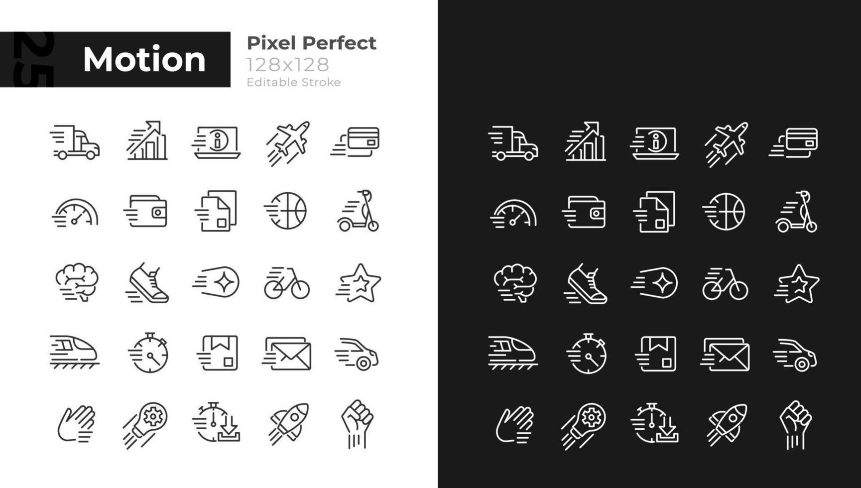 Motion pixel perfect linear icons set for dark, light mode. Motor vehicle. Sport activity. Thin line symbols for night, day theme. Isolated illustrations. Editable stroke vector