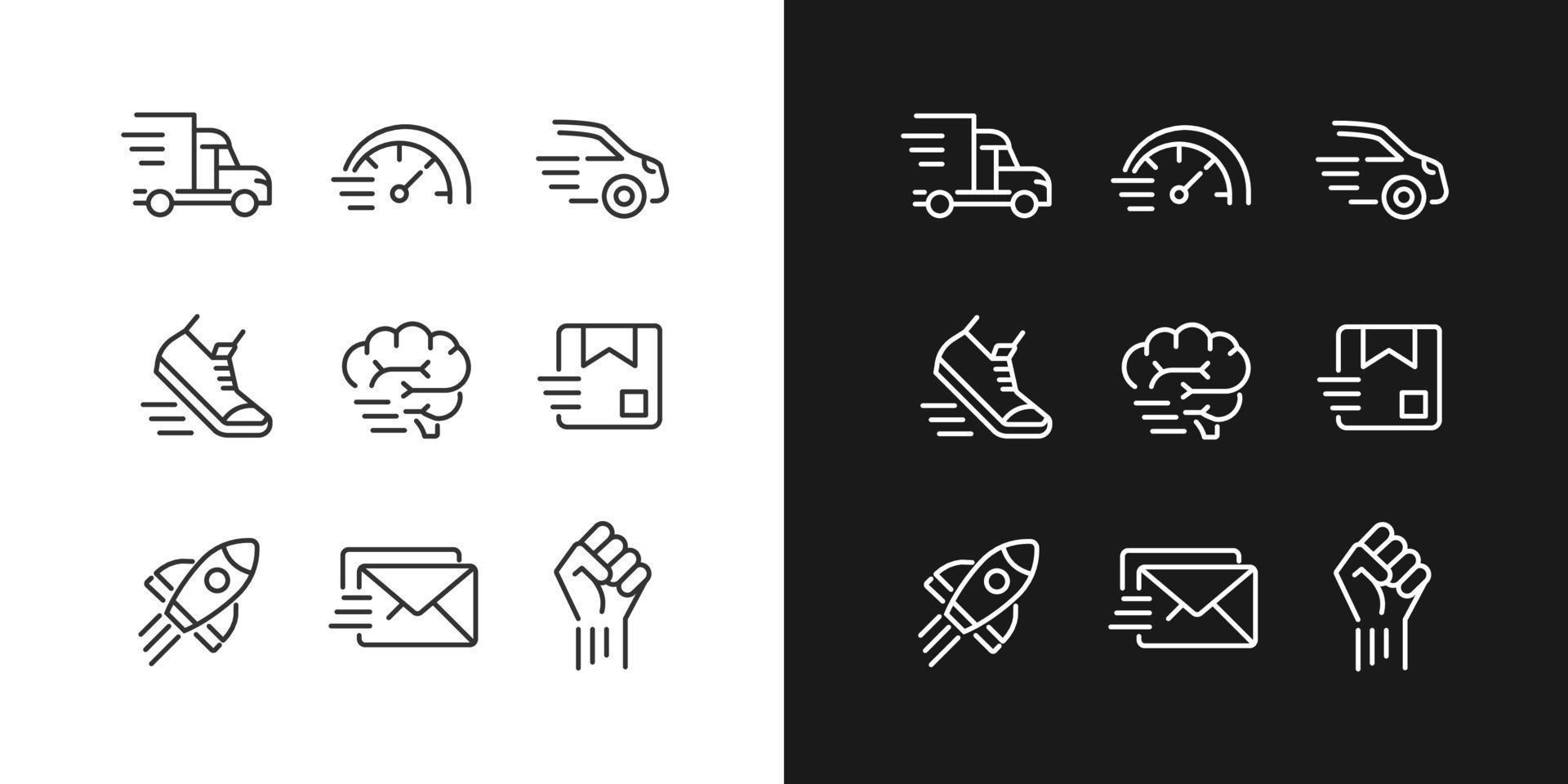 Motion and speed pixel perfect linear icons set for dark, light mode. Fast motor vehicle. Parcel and letter delivery. Thin line symbols for night, day theme. Isolated illustrations. Editable stroke vector