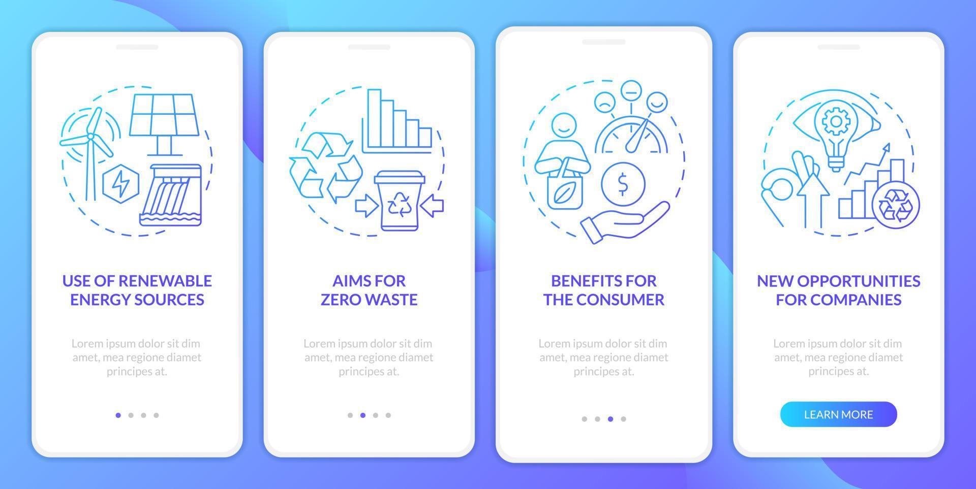 Circular economy pros blue gradient onboarding mobile app screen. Walkthrough 4 steps graphic instructions pages with linear concepts. UI, UX, GUI template. vector