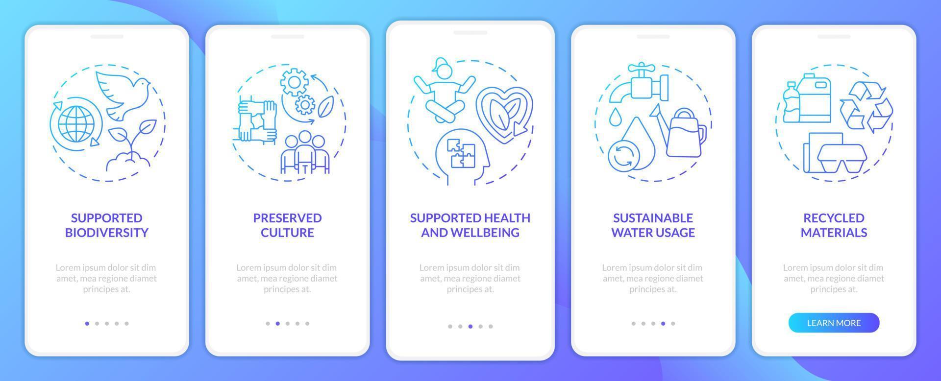 Circular economy key elements blue gradient onboarding mobile app screen. Walkthrough 5 steps graphic instructions pages with linear concepts. UI, UX, GUI template. vector