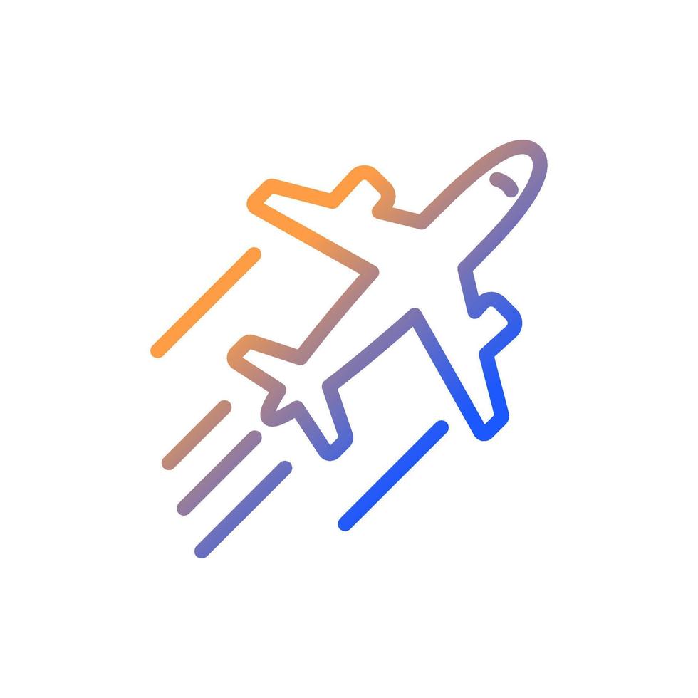 Plane gradient linear vector icon. Commercial and private flight. Jet engine. Landing and departure. Dynamic movement. Thin line color symbol. Modern style pictogram. Vector isolated outline drawing