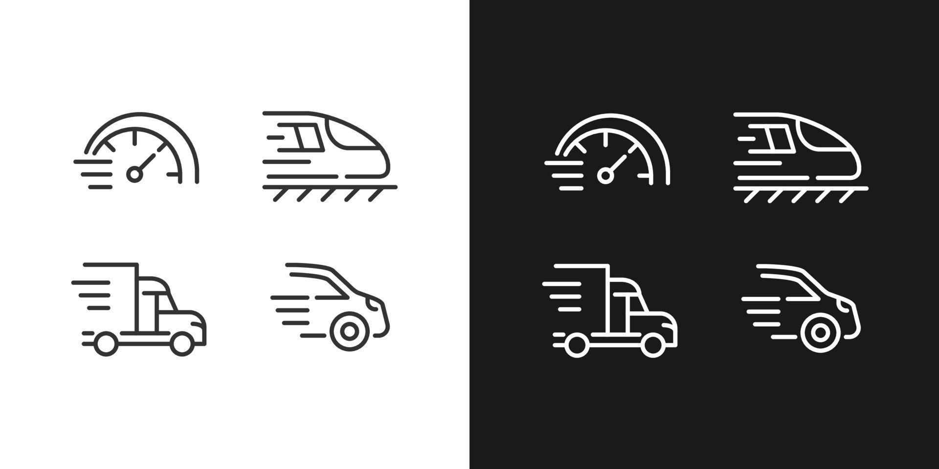 Fast transport pixel perfect linear icons set for dark, light mode. Train and automobile. Delivery and transit. Thin line symbols for night, day theme. Isolated illustrations. Editable stroke vector