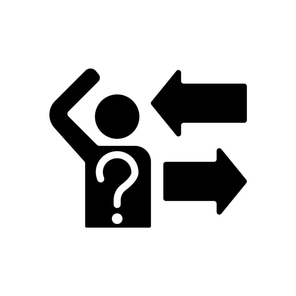 Difficult choice black glyph icon. Thinking person, question mark and arrows. Searching problem solving. Silhouette symbol on white space. Solid pictogram. Vector isolated illustration