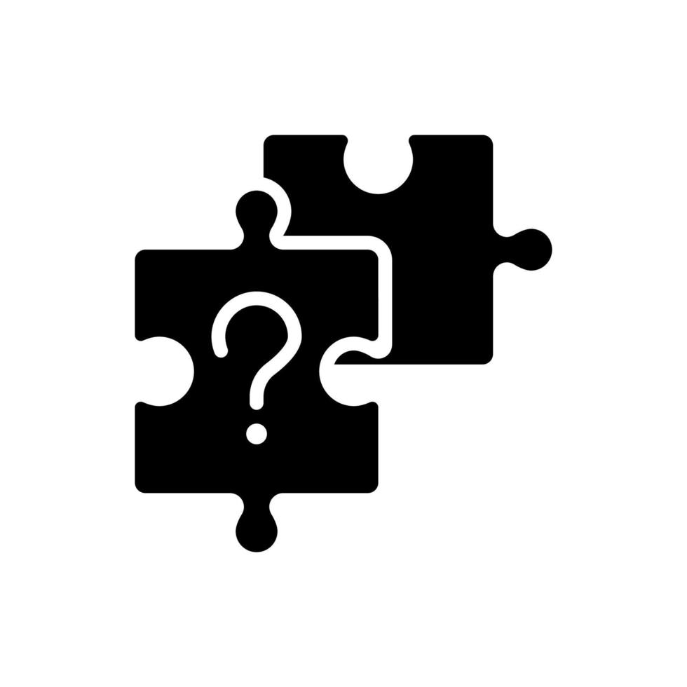 Unsolved puzzle black glyph icon. Jigsaw pieces and question mark. Difficult task. Connection issues. Silhouette symbol on white space. Solid pictogram. Vector isolated illustration