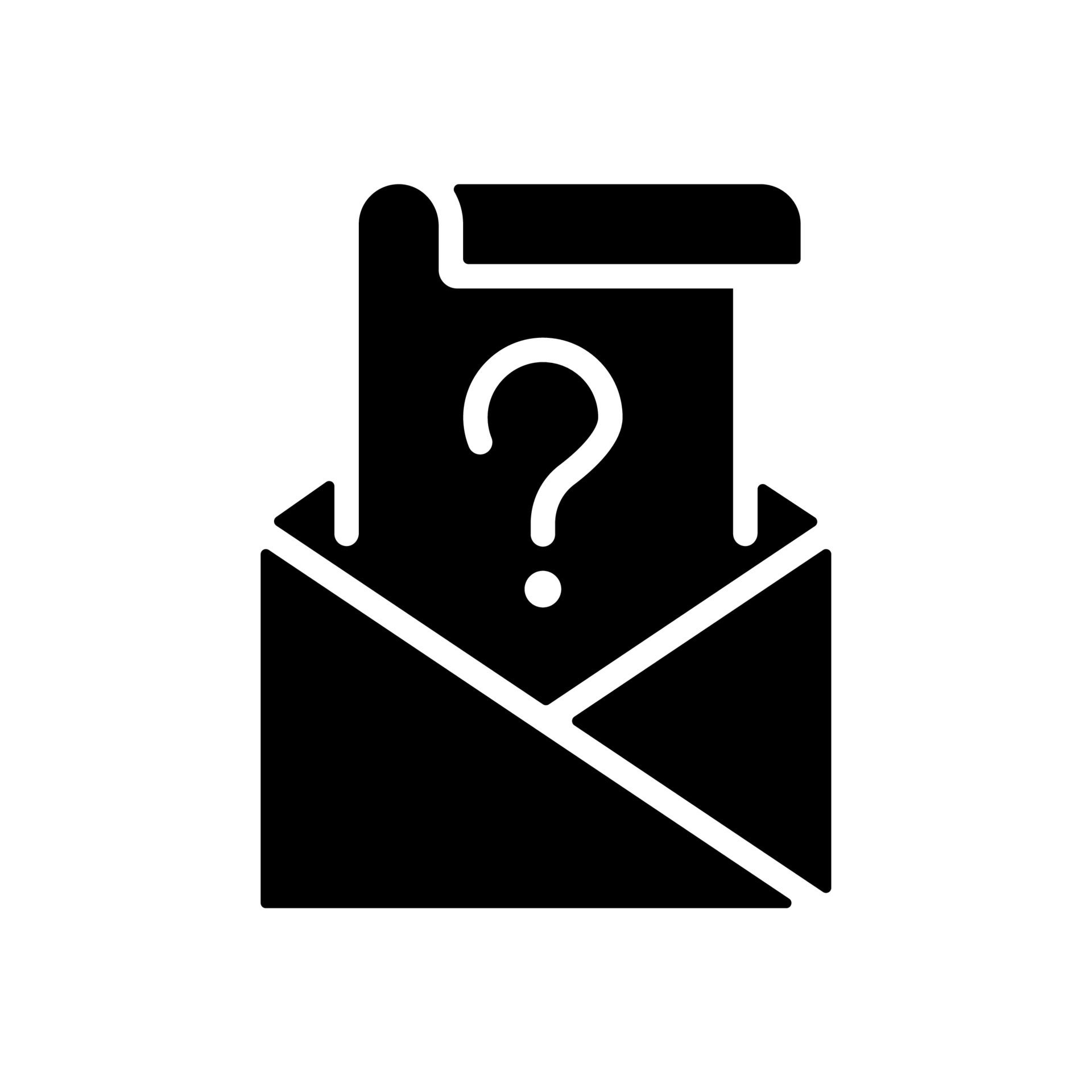 Mail question black glyph icon. Envelope and letter with question mark