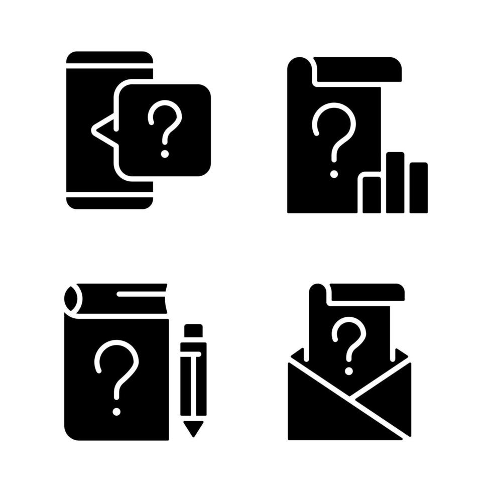 Questions in business and education black glyph icons set on white space. Information support service. Analytic of processes. Silhouette symbols. Solid pictogram pack. Vector isolated illustration