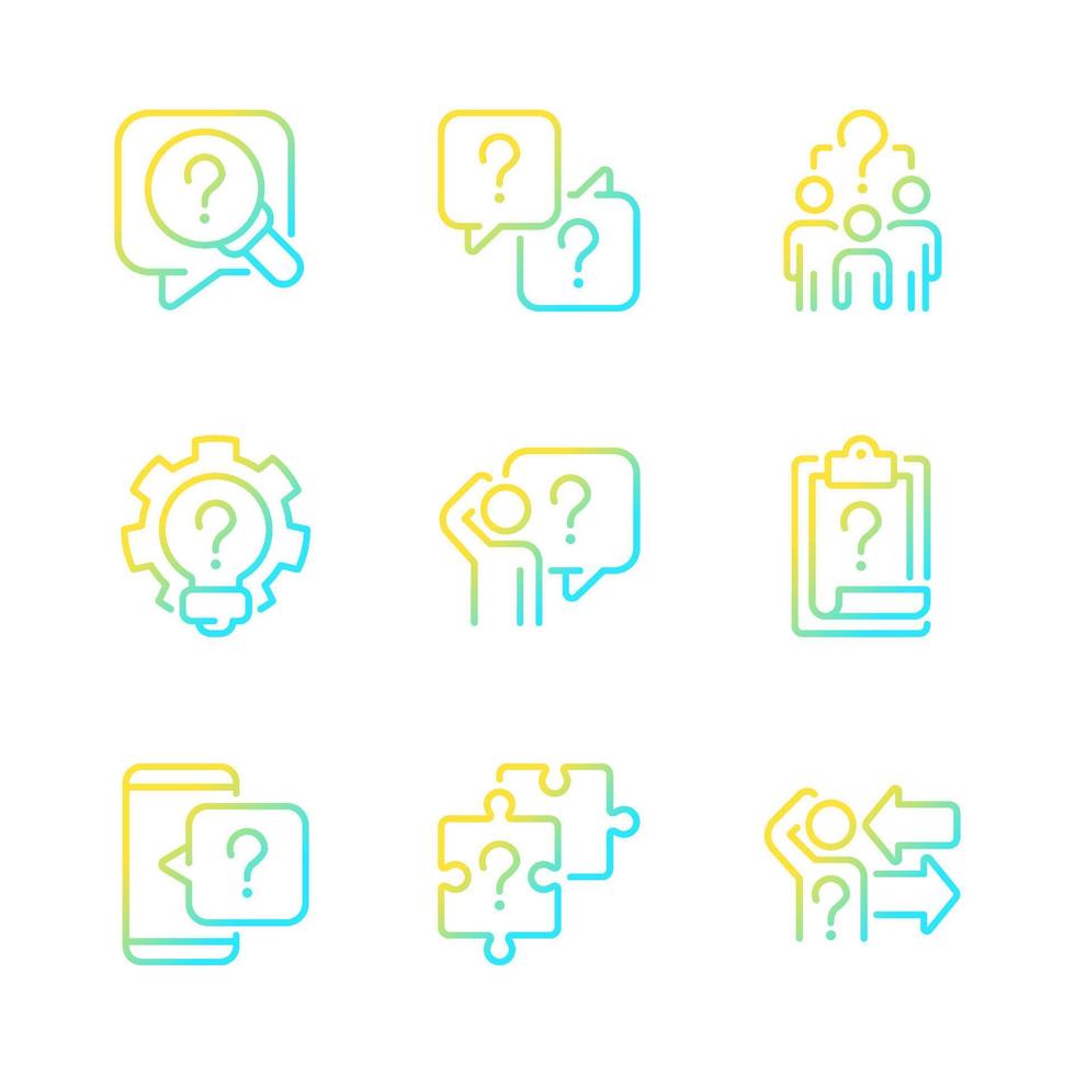 Solving different questions gradient linear vector icons set. Looking for answers and information support. Thin line contour symbol designs bundle. Isolated outline illustrations collection