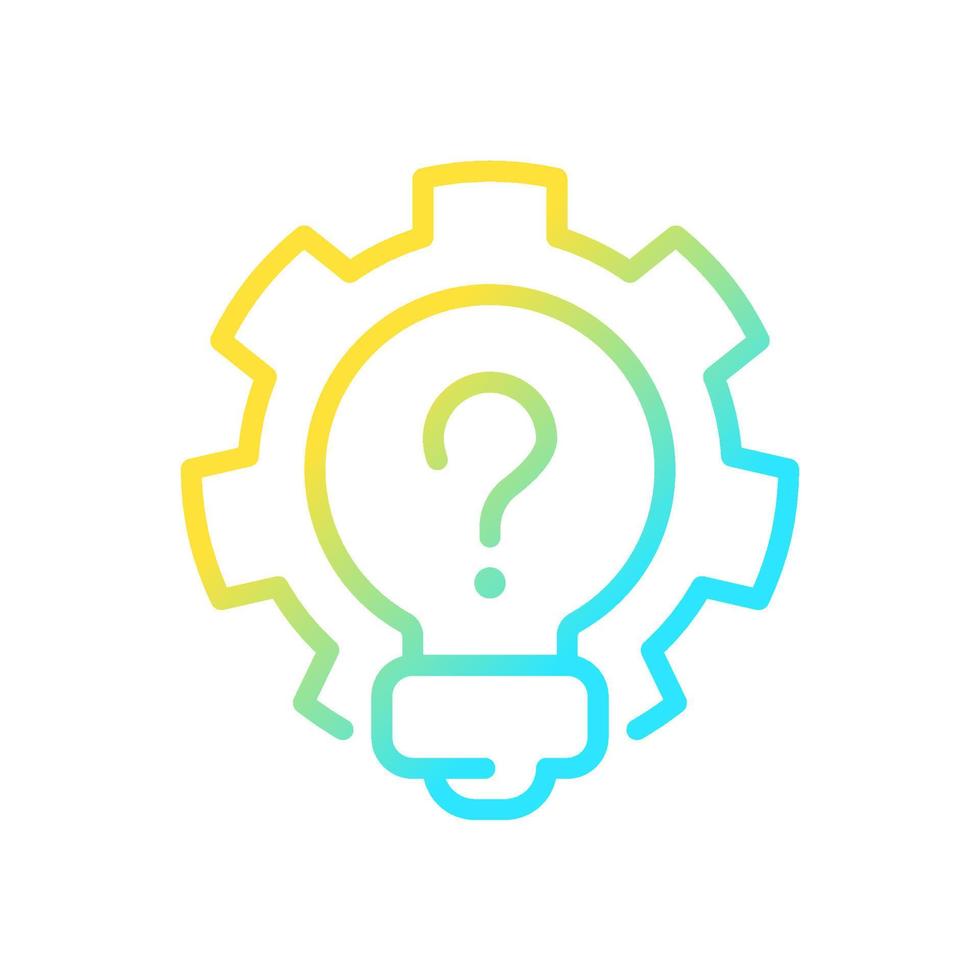 Creative question gradient linear vector icon. Lightbulb and gear with question mark. Invention and innovation idea. Thin line color symbol. Modern style pictogram. Vector isolated outline drawing