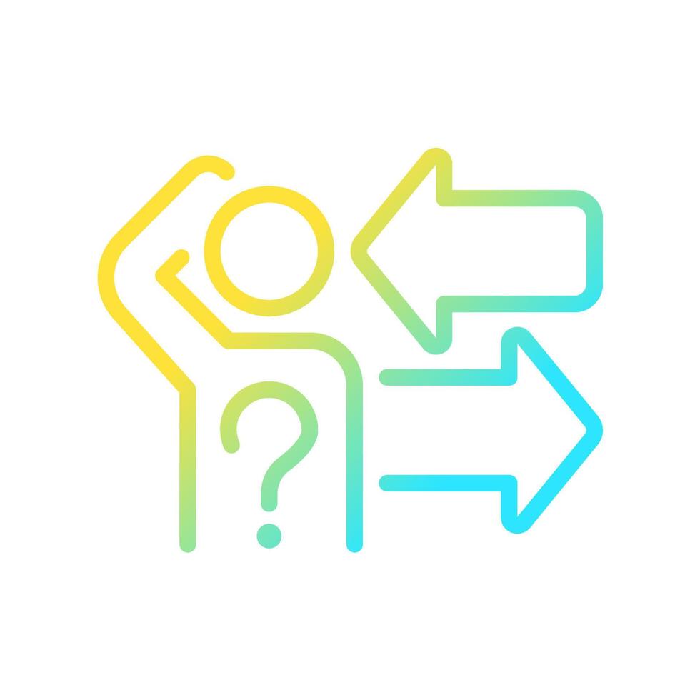 Difficult choice gradient linear vector icon. Thinking person, question mark and arrows. Problem solving. Thin line color symbol. Modern style pictogram. Vector isolated outline drawing