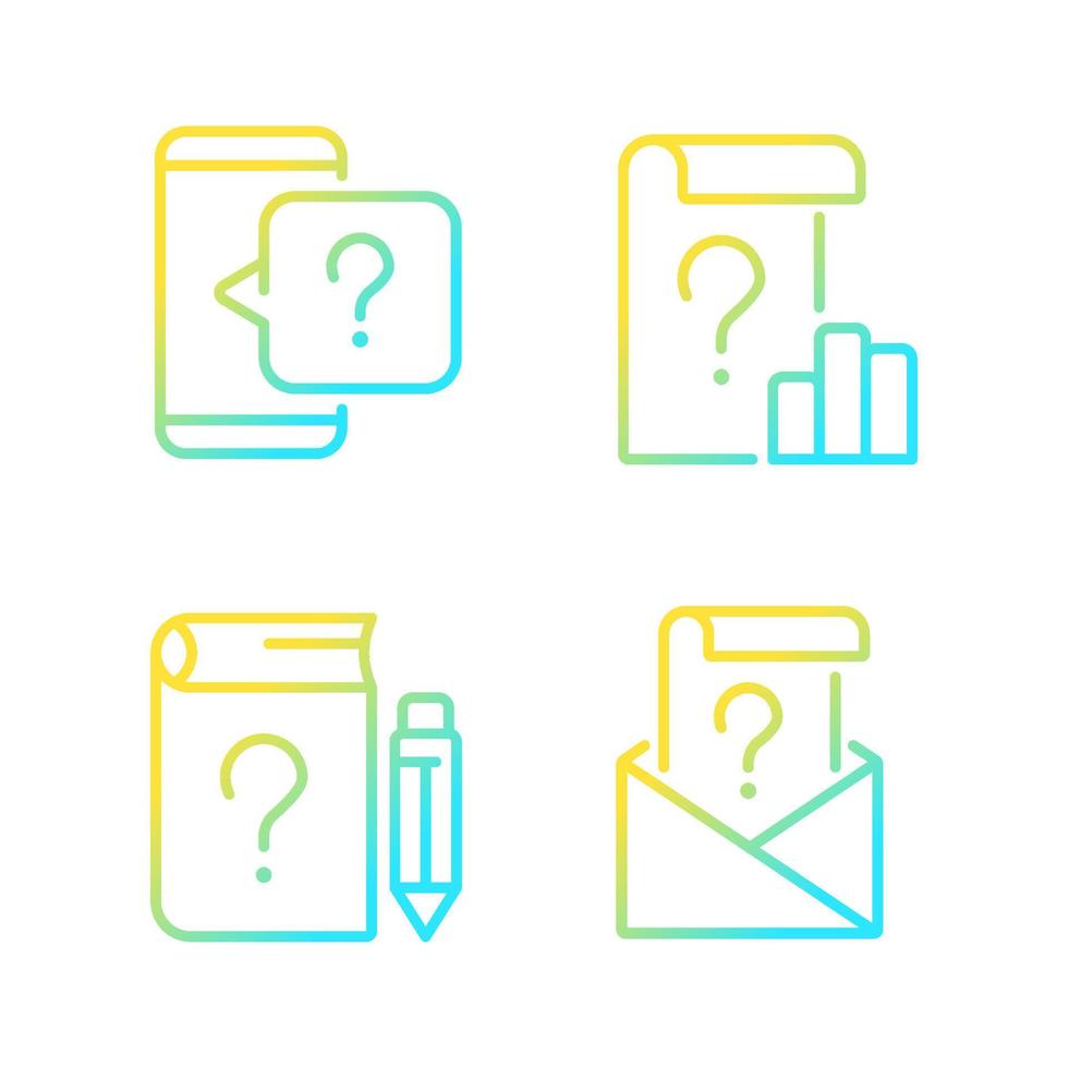 Questions in business and education gradient linear vector icons set. Information support service. Thin line contour symbol designs bundle. Isolated outline illustrations collection
